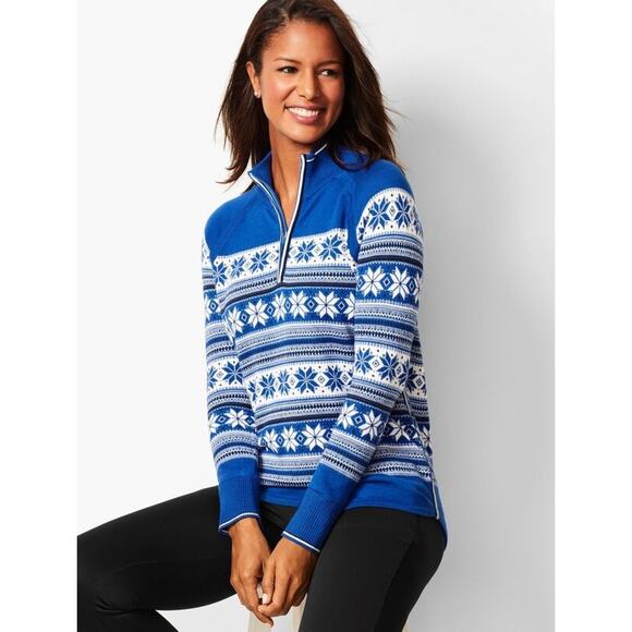 Talbots Blue White Slowflake Striped 1/2 Zip Soft Winter Sweater Size Medium - Picture 1 of 8